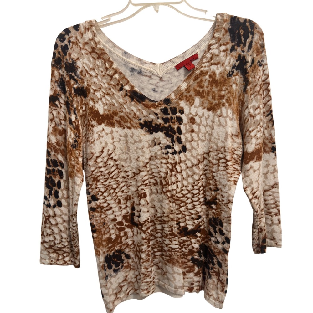 Snakeskin Animal Print Knit Top Womens L Tan Brown V-Neck Stretch Mob Wife